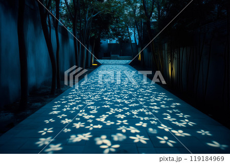 Snow-covered house decorated with festive lights, creating warm ambiance. Nighttime setting with trees in the background Snow-covered house decorated with festive lights, creating warm ambiance. Nighttime setting with trees in the background 119184969