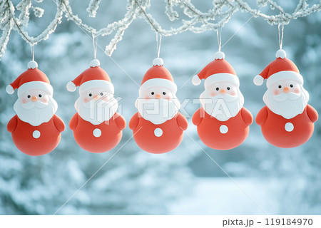 Five Santa Claus ornaments hanging from snowy branches, with snowy background. Festive Christmas decoration concept Five Santa Claus ornaments hanging from snowy branches, with snowy background. Festive Christmas decoration concept 119184970