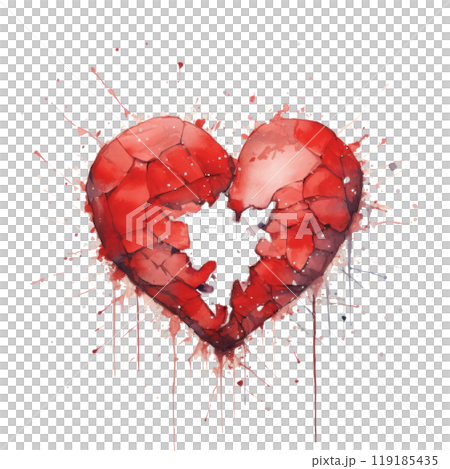 Abstract watercolor of a broken heart with vibrant red hues. 119185435