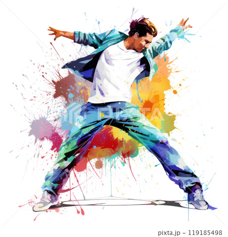 watercolor break dancing man with colorful spots and splashes on white background 119185498