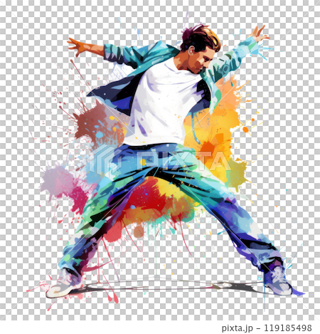 watercolor break dancing man with colorful spots and splashes on white background 119185498