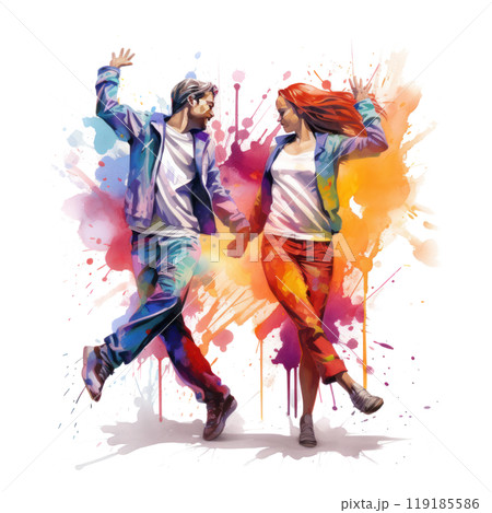 watercolor break dancing couple with colorful spots and splashes on white background watercolor break dancing couple with colorful spots and splashes on white background 119185586