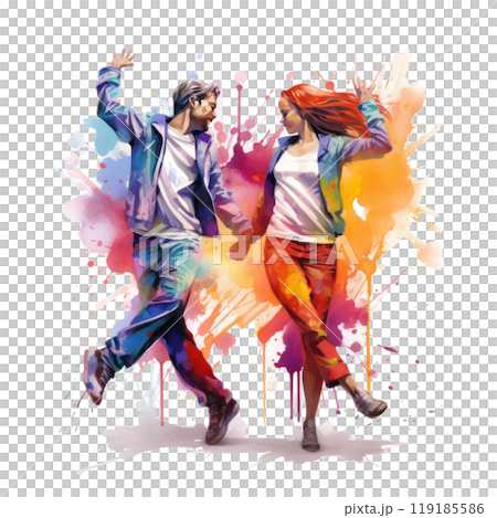 watercolor break dancing couple with colorful spots and splashes on white background 119185586