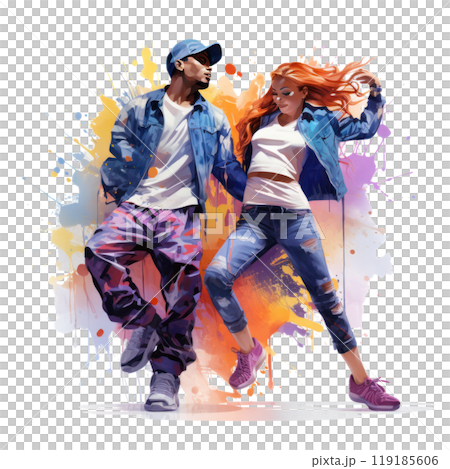 watercolor break dancing couple with colorful spots and splashes on white background 119185606
