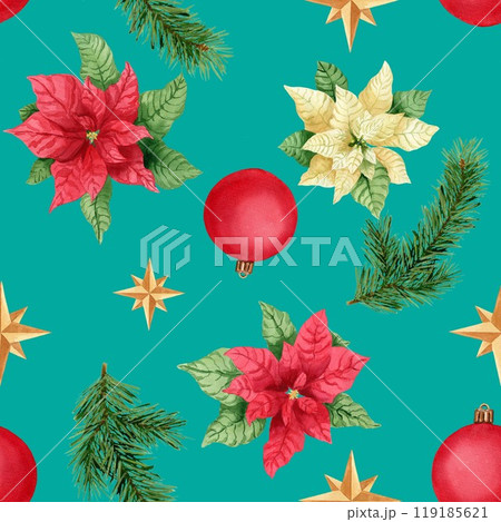 Seamless watercolor pattern with pine, stars, poinsettia and Christmas balls. Watercolor illustration on turquoise background. For wrapping paper 119185621