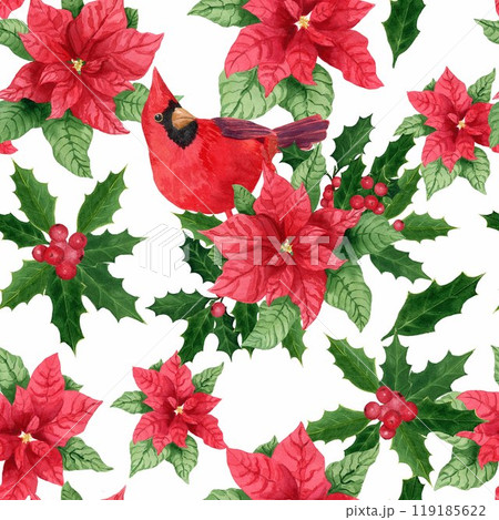 Seamless watercolor pattern with poinsettia, holly and Northern cardinal. Watercolor illustration on white background. For wrapping paper, textile Seamless watercolor pattern with poinsettia, holly and Northern cardinal. Watercolor illustration on white background. For wrapping paper, textile 119185622