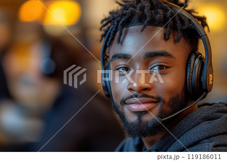 Customer service rep with a headset and a smile 119186011