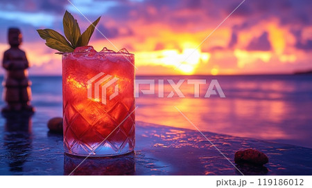 Mai Tai with a backdrop of Polynesian tiki statues and a Pacific island sunset. 119186012