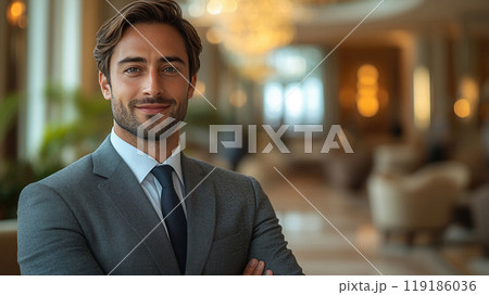 Hospitality manager enhancing the guest experience at a five-star hotel lobby. 119186036