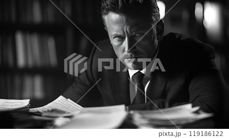 Corporate lawyer meticulously poring over contracts 119186122