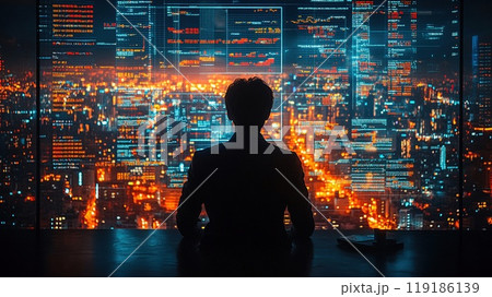 Investment banker analyzing global markets on a vast array of digital screens. 119186139