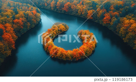 Winding river through a vibrant autumn forest Winding river through a vibrant autumn forest 119186173