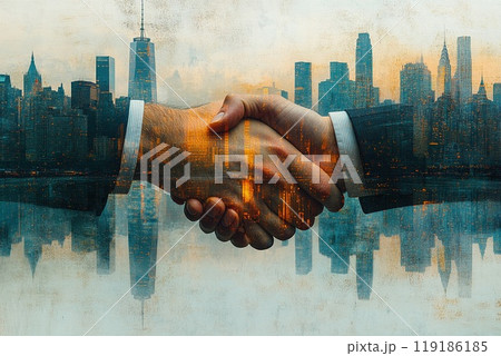 Powerful business handshake captured against the backdrop of a soaring metropolitan skyline. 119186185
