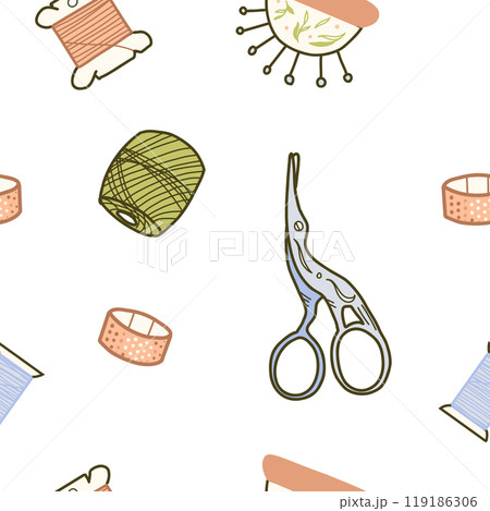 Seamless Pattern with Sewing, Needlework Tools. Dressmaking supply, Scissors, Skeins and Spools, Thimble and Needle Pad. Hand drawn colored Vector illustration in doodle style. For Hobby or Handmade Seamless Pattern with Sewing, Needlework Tools. Dressmaking supply, Scissors, Skeins and Spools, Thimble and Needle Pad. Hand drawn colored Vector illustration in doodle style. For Hobby or Handmade 119186306