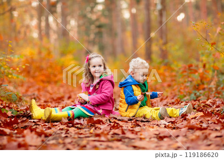 Kids playing in autumn park 119186620