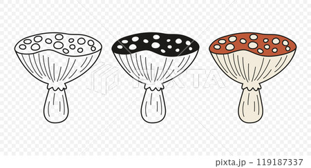 Flat Vector Hand Drawn Cartoon Fly Agaric Mushrooms Outline Illustration. Amanita Muscaria, Fly Agaric Illustration, Mushrooms. Magic Mushroom Icons, Design Template Flat Vector Hand Drawn Cartoon Fly Agaric Mushrooms Outline Illustration. Amanita Muscaria, Fly Agaric Illustration, Mushrooms. Magic Mushroom Icons, Design Template 119187337