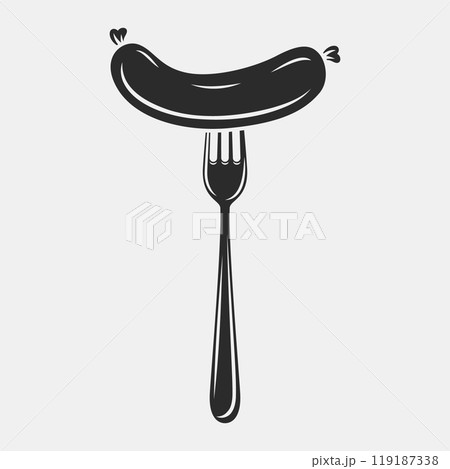 Flat Vector Cartoon Sausage on Fork with Outline Closeup Isolated on White Background. Vector Food Illustration for Menu, BBQ, and Culinary Design 119187338