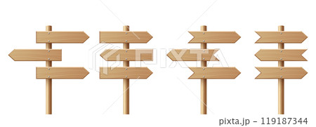 Realistic Wooden Sign Post Set. Realistic Blank Road Signboard. Plywood Pointer, Timber, Directional Sign Design Template, Front View. Vector Illustration in 3D Style Realistic Wooden Sign Post Set. Realistic Blank Road Signboard. Plywood Pointer, Timber, Directional Sign Design Template, Front View. Vector Illustration in 3D Style 119187344