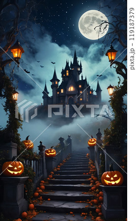 満月を背景にコウモリが舞うハロウィンイメージのイラスト 119187379