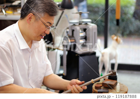 Gyeongsangnam-do, Jinju-si, Republic of Korea, October 11, 2024: Mr. Kim Myeong-su, the CEO of Jeonggeumgil Metalworking, is a person who lends gold to film companies. 119187888