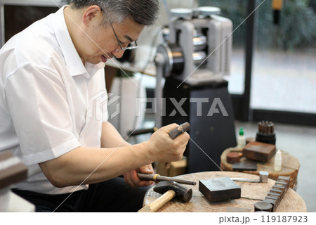 Gyeongsangnam-do, Jinju-si, Republic of Korea, October 11, 2024: Mr. Kim Myeong-su, the CEO of Jeonggeumgil Metalworking, is a person who lends gold to film companies. 119187923