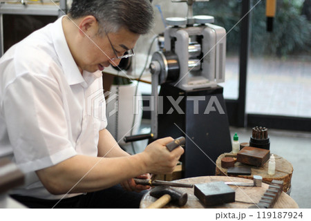 Gyeongsangnam-do, Jinju-si, Republic of Korea, October 11, 2024: Mr. Kim Myeong-su, the CEO of Jeonggeumgil Metalworking, is a person who lends gold to film companies. 119187924