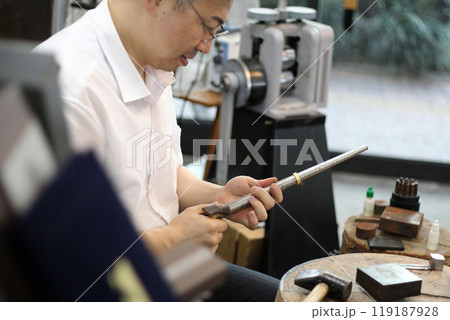 Gyeongsangnam-do, Jinju-si, Republic of Korea, October 11, 2024: Mr. Kim Myeong-su, the CEO of Jeonggeumgil Metalworking, is a person who lends gold to film companies. 119187928