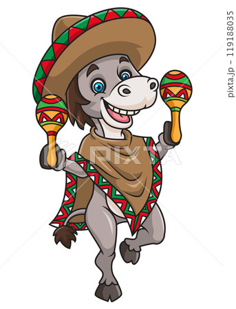 Donkey in Mexican sombrero hat and poncho with maracas of illustration 119188035