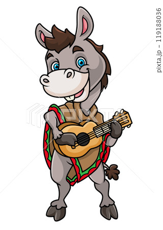 Mexican donkey playing guitar and wearing a sombrero Mexican hat of illustration 119188036