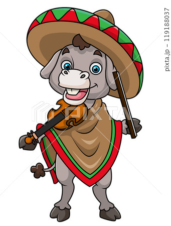 Mexican donkey playing violin and wearing a sombrero Mexican hat of illustration 119188037