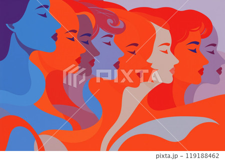 多様な色彩で描かれた女性の横顔の抽象的なイラスト 多様な色彩で描かれた女性の横顔の抽象的なイラスト 119188462
