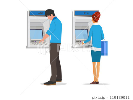 Vector illustration of a man and woman standing to withdraw money from an ATM on a white background. 119189011