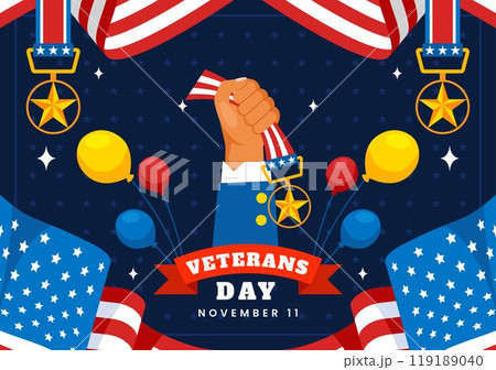 Happy Veterans Day Vector Illustration on November 11 featuring the USA Flag and Soldiers, Honoring All Who Served in a Flat Style Cartoon Background 119189040