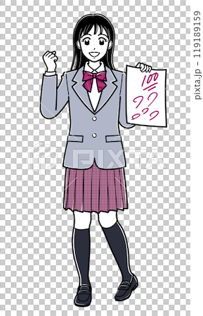 A high school girl in a blazer is happy with her perfect score on her answer sheet (simple) A high school girl in a blazer is happy with her perfect score on her answer sheet (simple) 119189159