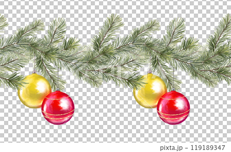 Christmas seamless border of spruce branches and Christmas balls. Illustration for patterns, greeting cards and invitations. 119189347