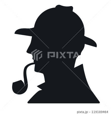 帽子をかぶってパイプをふかす探偵の横顔のシルエットイラスト。謎、謎解き、ミステリー、探偵のイメージ。 119189464