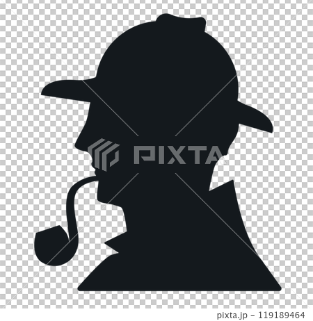 戴著帽子、抽著煙鬥的偵探的側面輪廓插圖。謎語、解謎、神祕、偵探的形象。 戴著帽子、抽著煙鬥的偵探的側面輪廓插圖。謎語、解謎、神祕、偵探的形象。 119189464