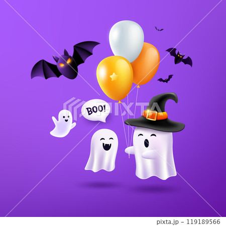 Halloween Ghost wearing a purple hat holding a balloon, bat flying poster design Halloween Ghost wearing a purple hat holding a balloon, bat flying poster design 119189566