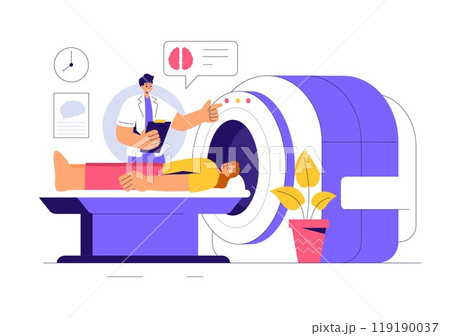 MRI or Magnetic Resonance Imaging Illustration featuring a Doctor and Patient during a Medical Examination with a CT Scan Machine in a Flat Background 119190037