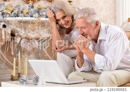 couple old and mature seniors enjoying and having fun together celebrating the new year couple old and mature seniors enjoying and having fun together celebrating the new year 119190081