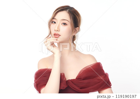 Beautiful young asian woman with clean fresh skin on white background, Face care, Facial treatment, Cosmetology, beauty and spa, Asian women portrait. 119190197