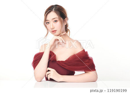 Beautiful young asian woman with clean fresh skin on white background, Face care, Facial treatment, Cosmetology, beauty and spa, Asian women portrait. 119190199