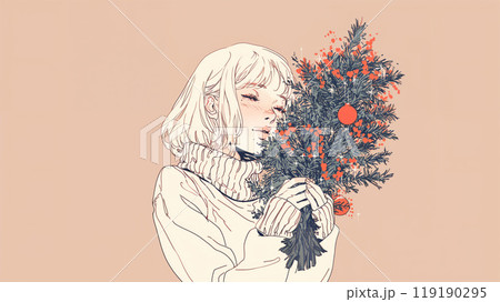 クリスマスの花を持つ女性 119190295