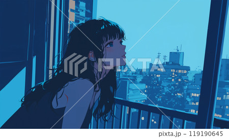 部屋の窓から夜空を見上げる女性 119190645