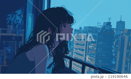 部屋の窓から夜空を見上げる女性 部屋の窓から夜空を見上げる女性 119190646