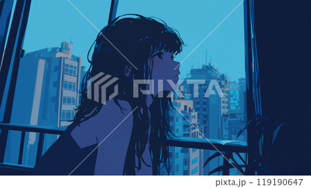 部屋の窓から夜空を見上げる女性 119190647