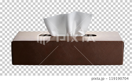 Brown tissue box with a few tissues protruding, isolated on a white background. Brown tissue box with a few tissues protruding, isolated on a white background. 119190704