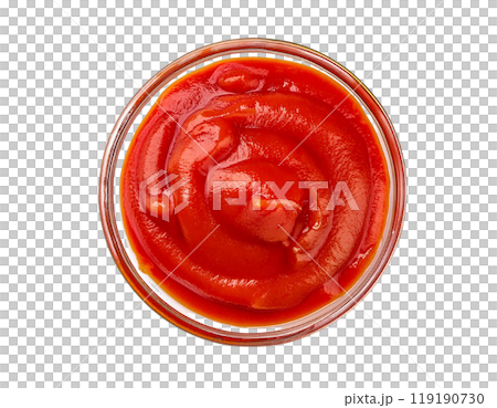 Freshly prepared tomato ketchup in a glass bowl on white isolated background. 119190730