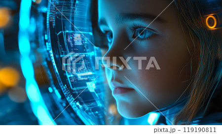 A young girl interacts with futuristic technology, filled with wonder and curiosity. The concept of advanced innovations and the future of learning. Generative AI. 119190811