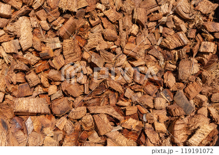 Brown coconut peel chopped nature Ingredient organic. 119191072